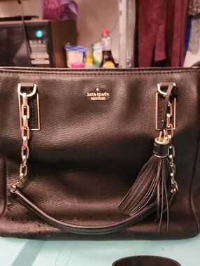 kate spade Black Leather Chain-Accent Tote with Tassel